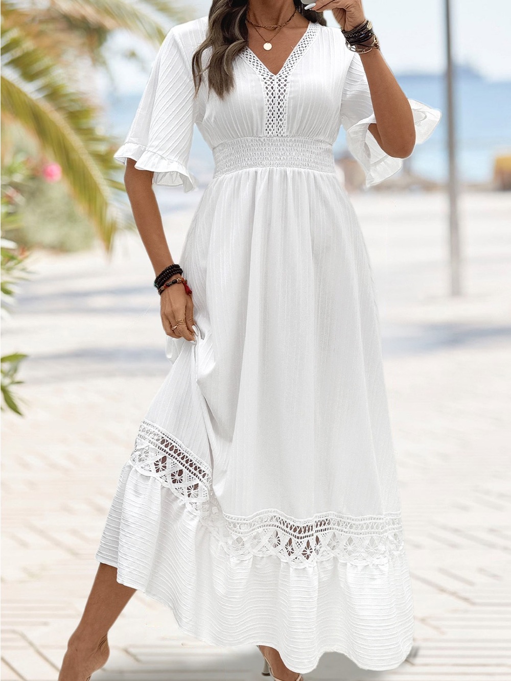 Modlily Elegant White Lace-Trim Maxi Dress with Smocked Waist